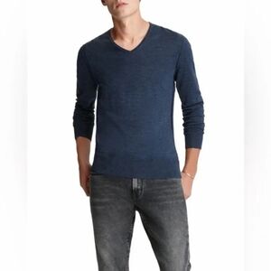 John Varvatos Men's Navy Silk and Cashmere Long Sleeved V-Neck Sweater - Size M
